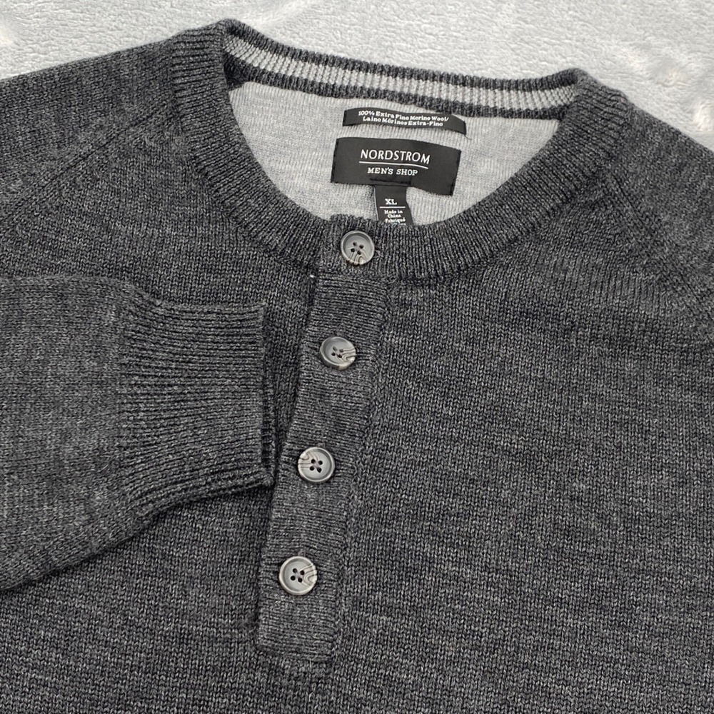 Nordstrom Mens XL Charcoal Gray 100% Extra Fine Merino Wool Henley Sweater